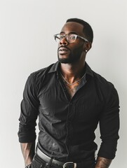 Wall Mural - A man in a black shirt and glasses is standing in front of a white wall. He has a tattoo on his neck and a necklace around his neck. Concept of confidence and style