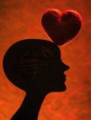 A silhouette of a person's head with a heart on top of it. The silhouette is on a red background. Concept of love and affection