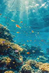 Poster - A beautiful underwater scene with a variety of colorful fish swimming around coral. Scene is peaceful and serene, as the fish seem to be enjoying their natural habitat