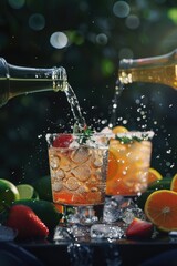 Wall Mural - Two bottles of soda being poured into two glasses. The glasses are filled with ice and fruit