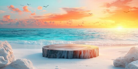 Canvas Print - Wooden Stump on a Sandy Beach at Sunset