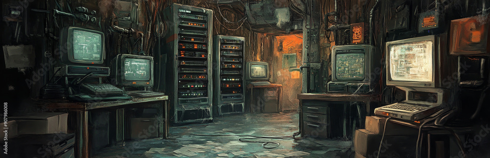 Retro Tech Server Room - A Glimpse Into the Past - A dimly lit server ...