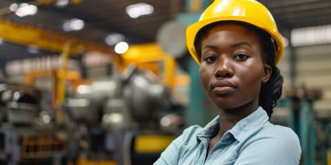 Wall Mural - Confident African American girl worker with crossed arms in factory