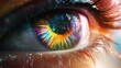 © MakoPoko - An animated concept of a human eye with a multicolored iris, rainbow lines emanating from a bright white center.
