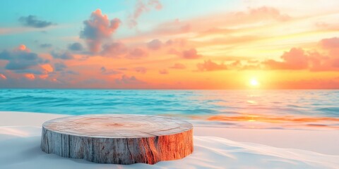 Poster - Wooden Log on Sandy Beach with Sunset Sky and Ocean Background