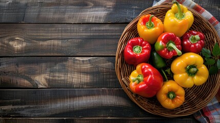 Poster - Top view of wooden table with wicker bowl and ripe bell peppers text space