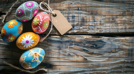 Sticker - Colorful tape decorated Easter eggs on wooden backdrop with tag for text space viewed from above