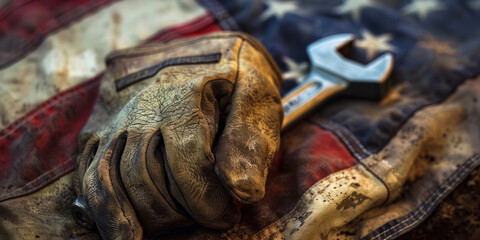 Worn Work Glove Holding Wrench on American Flag Background