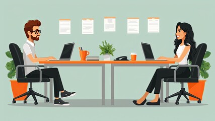 Wall Mural - Business illustration: a man and a woman sitting on opposite sides of a table with a laptop, a book and a cup of coffee.