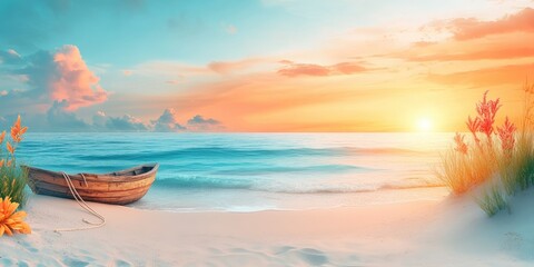 Poster - Wooden Boat on Sandy Beach at Sunset with Flowers and Grass