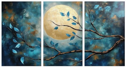 3 blue leaves on tree branches, golden moon, moonlight, canvas wall art painting