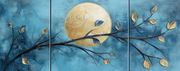 3 blue leaves on tree branches, golden moon, moonlight, canvas wall art painting