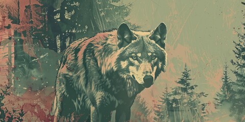 Wall Mural - Detailed Wolf Illustration with Fall Colors