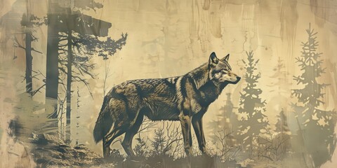 Wall Mural - Illustrated Wolf in Autumn Forest