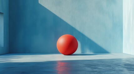 Wall Mural - A red ball is sitting in a room with a blue wall