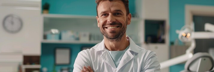 Smiling dentist with arms folded at dental office making eye contact Space for text