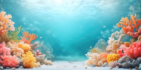 Canvas Print - Underwater Scene with Vibrant Coral Reef and Sunbeams