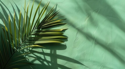 Wall Mural - stylish flat lay featuring palm leaf shadow on green wall with trendy lighting