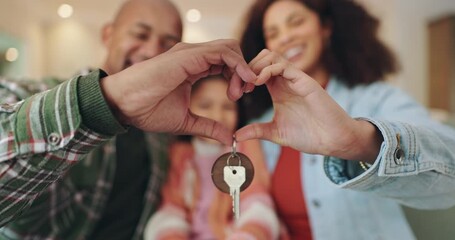 Wall Mural - Heart hands, keys and family in new home with love for real estate investment, loan or mortgage. Property, mother and father with child moving to dream house and show sign for care or support closeup