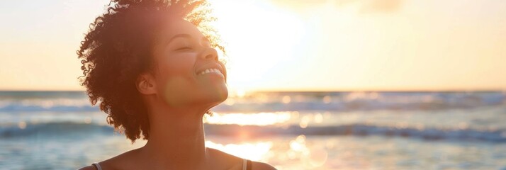 Poster - Sunlight African American woman enjoying beach vacation for relaxation and fun during summer trip Female traveler unwind at seaside embracing stress relief and freedom by the ocean