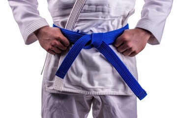 man in a judo suit with blue belt isolated on white background