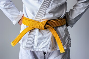 Man in a judo suit with yellow belt isolated on white background