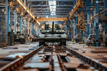 Military tank on an assembly line in a factory. Armored vehicle manufacturing process. Defense industry production