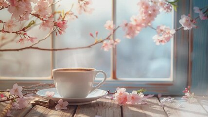 Canvas Print - A steaming cup of coffee with pink cherry blossoms by the window on a sunny day.