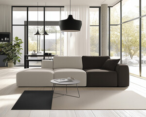 Wall Mural - Modern living room interior. A minimalist background featuring Light Grey, Soft White, Charcoal Black, and Pale Beige. Perfect for elegant and subtle visuals.