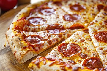 Wall Mural - Freshly Baked Pepperoni Pizza on Wooden Table