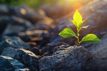 Wall Mural - young green tree growing between stones sun flare light