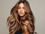 woman with luxurious, long hair styled in voluminous waves, displaying a seamless blend of hues from shatush and balayage coloring, with a serene expression and a simple,