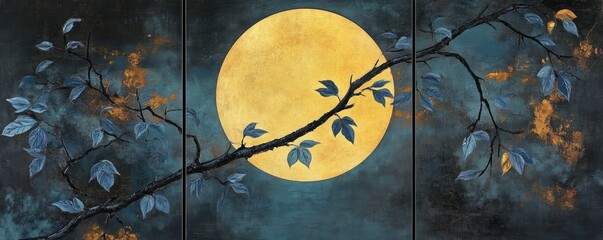 3 blue leaves on tree branches, golden moon, moonlight, canvas wall art painting