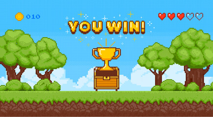 Pixel game art scene with chest. Retro 8 bit win background. Arcade interface with open chest, treasure, cup and stars. Computer game victory. Vector video computer banner.
