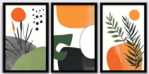 Wall Mural - Abstract modern art, three panel wall frames set with green orange and black color blocks, white background, simple lines, geometric shapes, plant elements