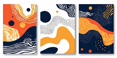 Wall Mural - Abstract retro groovy art in orange, navy blue and white with circles, swirls and waves set of three.