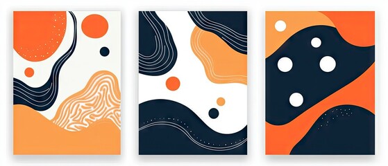 Wall Mural - Abstract retro groovy art in orange, navy blue and white with circles, swirls and waves set of three.