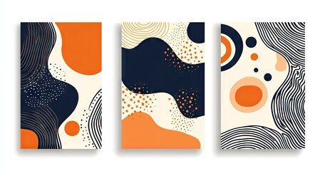 Wall Mural - Abstract retro groovy art in orange, navy blue and white with circles, swirls and waves set of three.