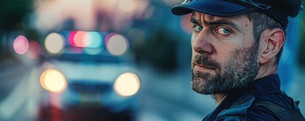 Wall Mural - Close-up portrait of a serious police officer with patrol lights in the background. Free copy space for text.