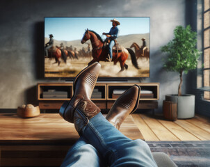 modern room, two crossed legs resting on a tabletop wearing cowboy boots, in a texan living room with a television displaying a Western scene in the background,