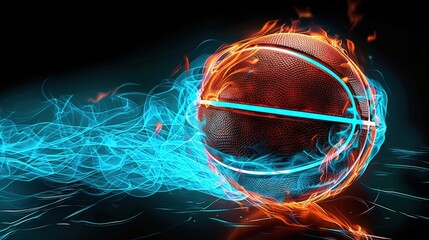 Wall Mural - Basketball engulfed in flames with blue glowing smoke behind it, creating a dynamic and energetic composition.