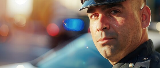 Wall Mural - Close-up portrait of a serious police officer with patrol lights in the background. Free copy space for text.