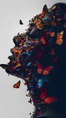 Sticker - An artistic silhouette of a woman's profile enveloped in a vibrant swarm of colorful butterflies.


