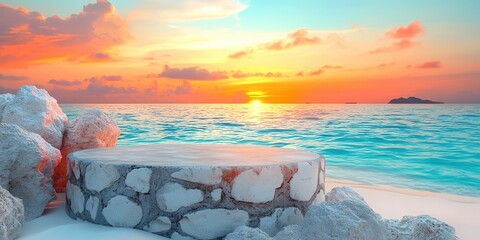 Canvas Print - Stone Platform at Sunset Over a Tropical Beach