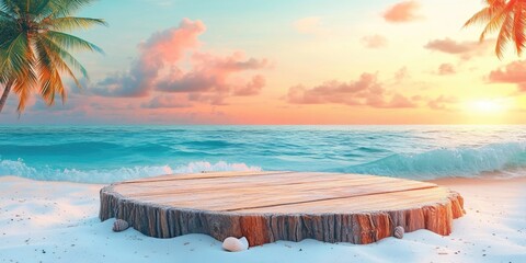 Poster - Wooden Platform on a Sandy Beach at Sunset with Palm Trees and Ocean Waves