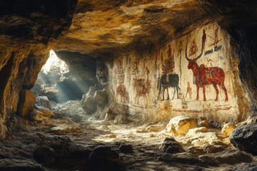 Wall Mural - Artistic rendering of a cave with ancient rock paintings and carvings, telling a story of early inhabitants,