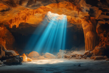 Wall Mural - Elegant scene of a cave with a natural amphitheater, where light and shadow play across the rocky surfaces,