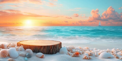 Poster - Wooden Log on Sandy Beach with Seashells and a Sailboat on the Horizon at Sunset