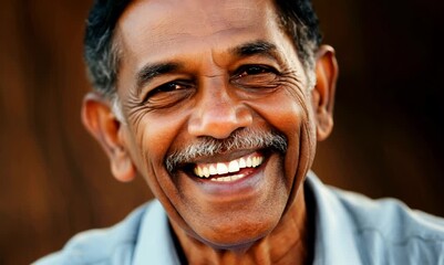 Wall Mural - Portrait of happy mature Indian man laughing and looking at camera.