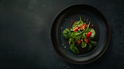 Wall Mural - Top view of a fresh and healthy green salad on a black plate. Simple and elegant food presentation. This minimalistic and modern dish is perfect for a healthy lifestyle and culinary photography. AI